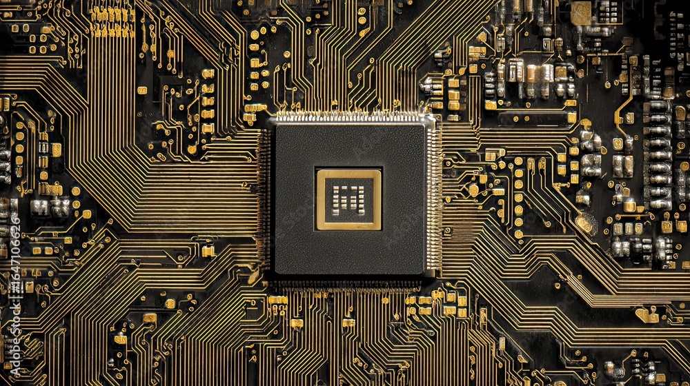 Poster stunning macro view of a sophisticated microchip and intricate golden circuit board pathways, repres
