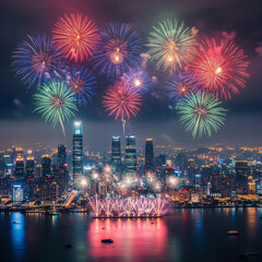 New Year fireworks over city skyline