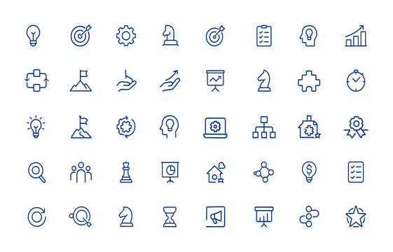 Simple development icon pack featuring minimal editable stroke symbols for business, innovation, strategy, process, challenge, and more. Vector icons for creative projects and more.