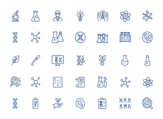 Biotechnology line icons featuring microscope, experiment, scientist, innovation, interaction, science, scientific symbols. Minimalist editable vector icon and illustration, lab and more.