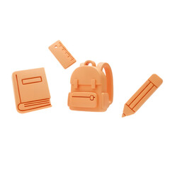 A cartoon style backpack with a book pencil and ruler floating in a transparent isolated background scene