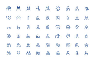 Simple linear elderly care icon with editable stroke. Includes minimal outline icons for old age, retirement, generation, medical, home living, walking stick, and senior support and more.