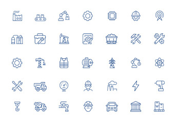 Minimalist industrial line icons for manufacturing, production, engineering, construction, engine, and industry. Clean vector signs perfect for web and mobile app use and more.