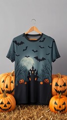 mock-up t-shirt with Halloween design and decor with Jack-o-lantern made from orange Halloween pumpkin with a spooky face