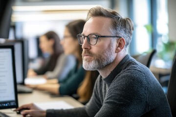Diverse group of software testers conducting a sprint review in an office environment