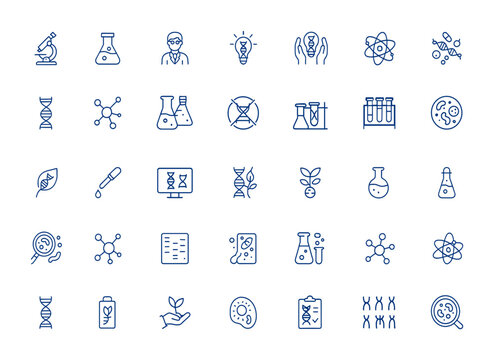 Biotechnology line icons featuring microscope, experiment, scientist, innovation, interaction, science, scientific symbols. Minimalist editable vector icon and illustration, lab and more.