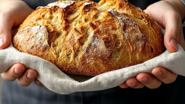 Freshly baked artisan bread displayed by hands wrapped in a cloth, highlighting golden crust and rustic texture in a cozy kitchen setting