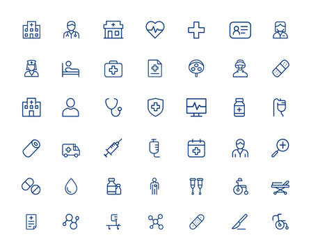 Medical center linear icon pack featuring hospital, doctor, pharmacy, healthcare, and more. Editable stroke vector art with minimal medical icons, vector graphics, health care symbols and more.