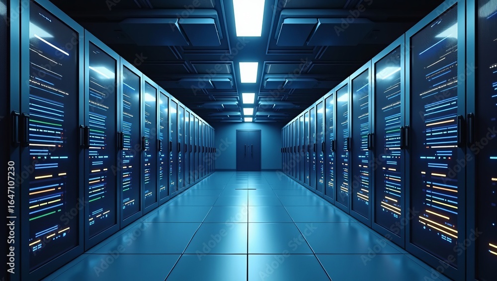Poster data center server racks in modern blue technology environment with glowing lights for cloud computi