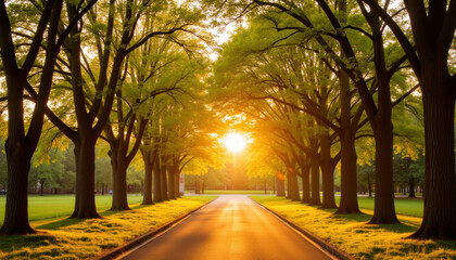 Sunlit pathway lined with trees during golden hour in spring  