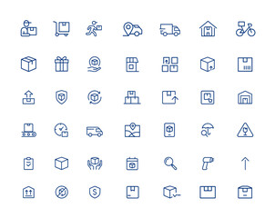 Minimalist courier and delivery vector icons with editable stroke. Line pictograms illustrating logistic, parcel, shipping, shipment, transportation, express service, mail, package and more.