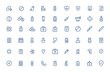 Minimalist pharmacy icons pack with editable vector symbols including pill, inhaler, antibiotic, painkiller, heart, health, recipe, medical, drug, medicine, healthcare, pharmacy, vector, illustration 