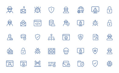 Minimalist hacking icon pack with thin line editable vector strokes featuring spy, phishing, bug, data risk, criminal, cybercrime, cybersecurity, threat, digital security, outline symbols and more.