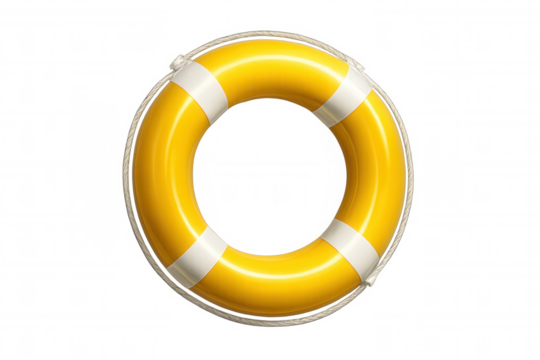 Classic yellow lifebuoy with white stripes hanging on a transparent background, ready for use in case of emergency at sea