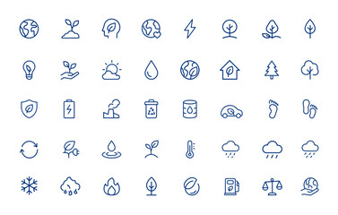 Minimalist linear climate icons pack: modern earth vector symbols featuring ecology, environment, global, eco, sustainability, nature, conservation, clean energy, green planet and more.