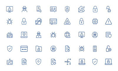 Minimalist linear vector icons for cyber crime, fraud, scams, and cyber security. Editable stroke design, digital protection symbols, online threat icons, data breach, hacking alert, malware and more.