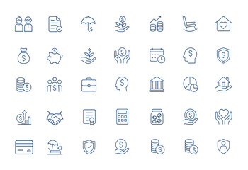 Minimalistic retirement planning icon pack featuring family, savings, and financial security symbols. Modern vector illustration for investment, pension, wealth management and more.