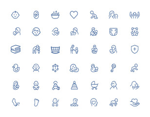 Minimalistic editable vector stroke icons for baby care, feeding, love, childhood, day, boy, nurturing, parenting, infant essentials, tender moments, child health, family care, protection and more.