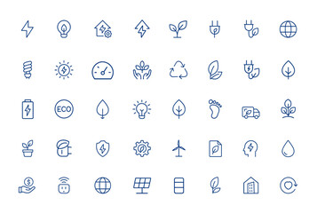 Minimalist editable vector stroke icons for energy efficiency and eco environment. Featuring electric, environmental, ecology, green, sustainable, renewable, conservation and more.