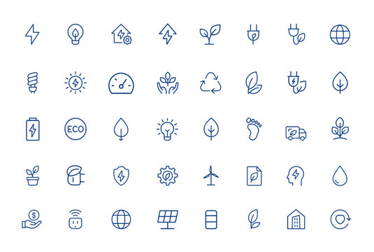 Minimalist editable vector stroke icons for energy efficiency and eco environment. Featuring electric, environmental, ecology, green, sustainable, renewable, conservation and more.