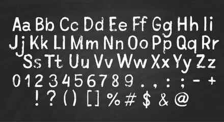 Lowercase and uppercase letters of English alphabet, numbers and punctuation mark chalk texture, chalk board vector font