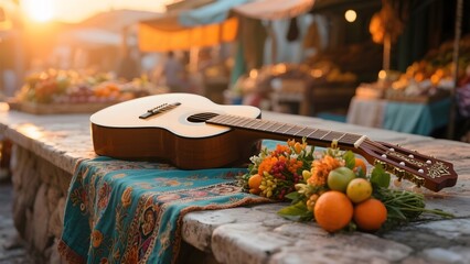 Acoustic guitar resting on a stone table with colorful fruits and flowers, set against a vibrant market backdrop at sunset.