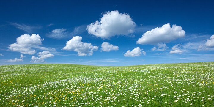 PRATO VERDEGGIANTE CON CIELO SERENO E NUVOLE BIANCHE