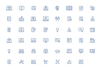 Linear style editable stroke vector icons of online education, e-learning, study, school, computer, and online class pictograms, minimal design for digital learning, remote education and more.