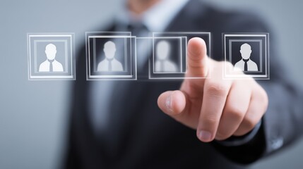 A businessman selecting profiles on a digital interface with a professional touch.