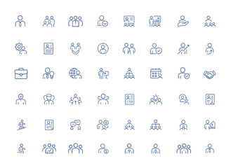 Human Resources icon pack featuring minimalist editable vector art with leadership, partnership, business, meeting, HR, resource, outline symbols for corporate, teamwork, management and more.