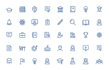 Minimalist academy icon pack featuring thin line symbols for education, learning, graduation, university, school, knowledge, study, academic, sign, vector illustration, symbol, line and more.