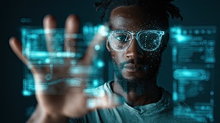 Futuristic man interacting with glowing digital interface, experiencing advanced technology and virtual reality in a modern, sleek environment