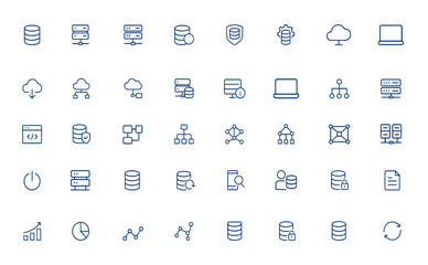 Linear database icons with editable stroke. Minimalist vector symbols featuring data center, storage, computing, hosting, host, analytics, server, cloud, technology, network and more.
