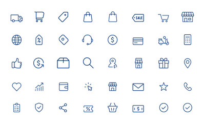 Minimalist editable stroke icons for e-commerce, online business, marketing, and shopping. Modern line icons for digital retail, sales, store, commerce, trade, buy, sell, payment, cart and more.