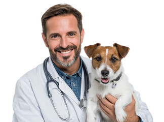 Caring veterinarian supports happy pet dog in clinic setting. Cut out PNG