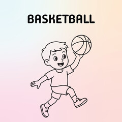 Black-and-white line art of a cheerful boy playing basketball, holding the ball up while running. Minimalist style with clean lines, perfect for children&rsquo;s coloring pages or sports-themed activities.