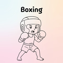 Illustration of a young boxer in protective headgear and gloves, standing in a fighting stance, ready for action. Perfect for sports education, kids’ activity books, and martial arts themes.