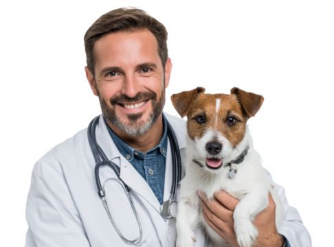 Caring veterinarian supports happy pet dog in clinic setting. Cut out PNG