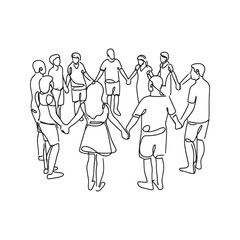 Continuous one line drawing of a diverse group of people holding hands in a circle, symbolizing unity, community, and teamwork.
