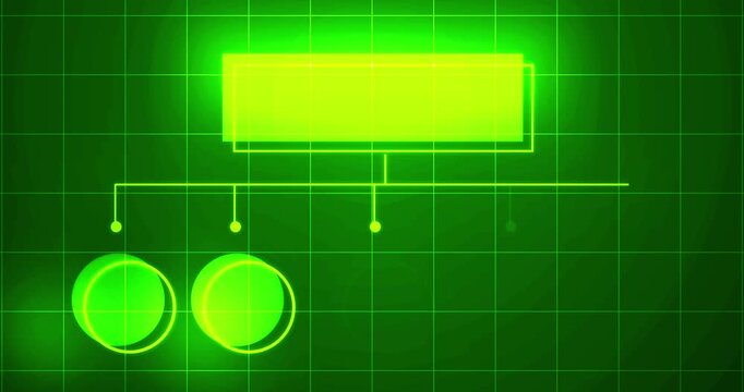 Infographic glowing hologram with empty space for text 4K bg. Business hierarchy squares chart. Workflow flowchart algorithm display. Employee management scheme for organizations. Role assignment.

