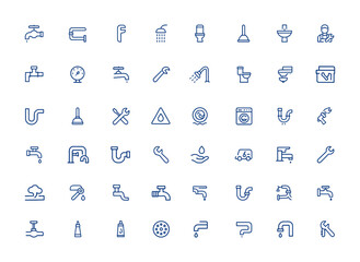 Minimalist plumbing vector icons featuring faucet, pipe, wrench, shower, toilet, sink, plumber tools, line illustration, repair, bathroom, water system, maintenance, construction and more.
