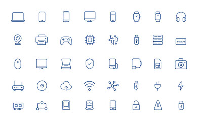 Modern minimalist hardware icon pack with editable vector illustrations. Includes thin line gadget symbols: laptop, phone, computer, electronic devices, technology, UI icons and more.