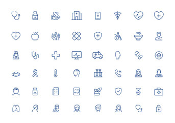 Minimalist health care icons pack: thin linear outline vector illustrations featuring stethoscope, medicine, vaccination, clinic, check, healthcare app, medical symbols, wellness and more.