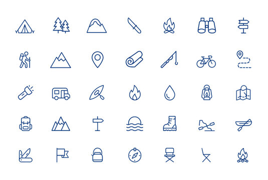 Minimalist camping icons with adventure, forest, fire, knife, binoculars, tour, holiday; outline stroke symbols, editable vector illustration, outdoor gear, travel, hiking, survival, nature and more.