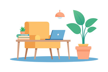 Cozy home office setup with laptop books chair and plant