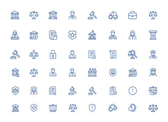 Modern justice icons pack courthouse, legal, court, lawyer, judgement, and judge symbols. Minimal thin line vector art for web, editable linear style icons, law and tribunal graphics and more.