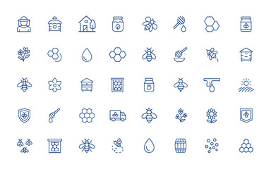 Linear Honey and Bee icon pack featuring minimalist beekeeping symbols: beekeeper, beehive, farming, food, honey, edible stroke illustrations, apiary, pollination, nature, agriculture and more.