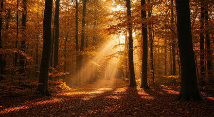 Fototapeta premium Golden Autumn Forest With Sunlight
