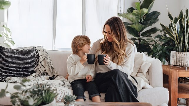 A mother and child share a moment of togetherness on a cozy sofa, each holding a mug.