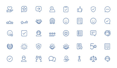 Minimalist satisfaction icons with editable stroke: loyalty, review, help, happy, test, sign, symbol, feedback, customer service, rating, survey, communication, support, vector, outline and more.